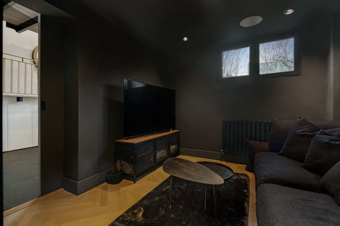 small dark basement tv room with sofa bed